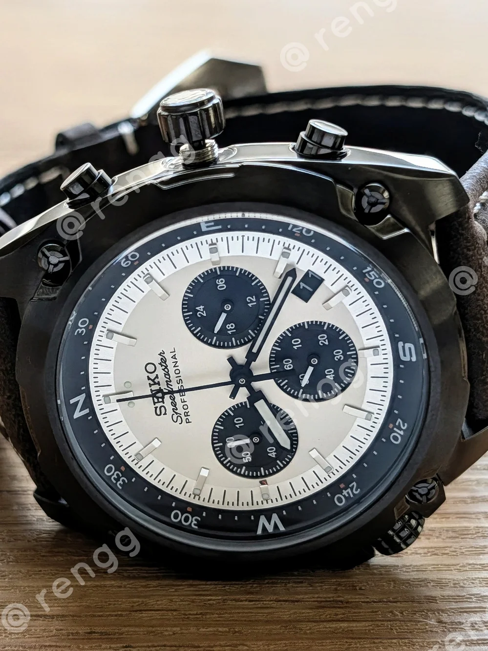 45mm Seiko Men's White Dial Panda Chronograph Mod Watch Compass Inner Ring